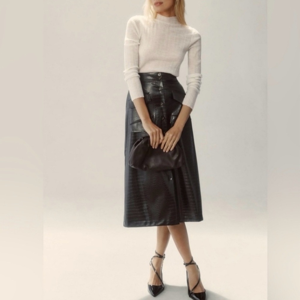 Mare Mare x Anthropologie High-Waist Black Faux Leather A-Line Midi Skirt